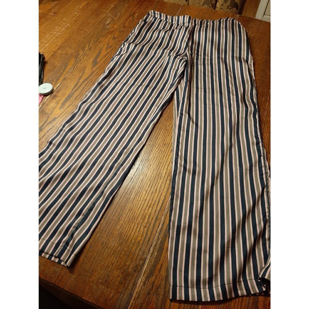 Size 40 (Medium) Karen Damen JBC Striped Silky Wide Leg Pants Green Pink Pockets